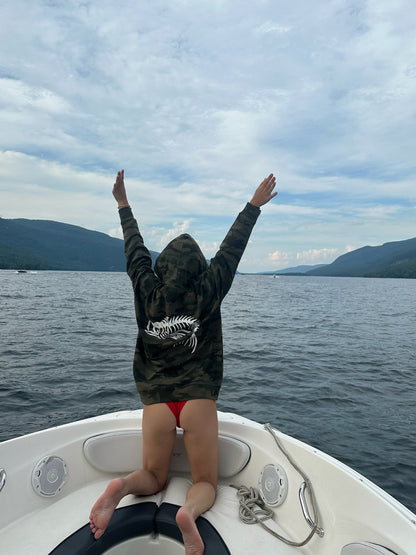 Skeleton Fish Medium-Weight Green Camo Hoodie